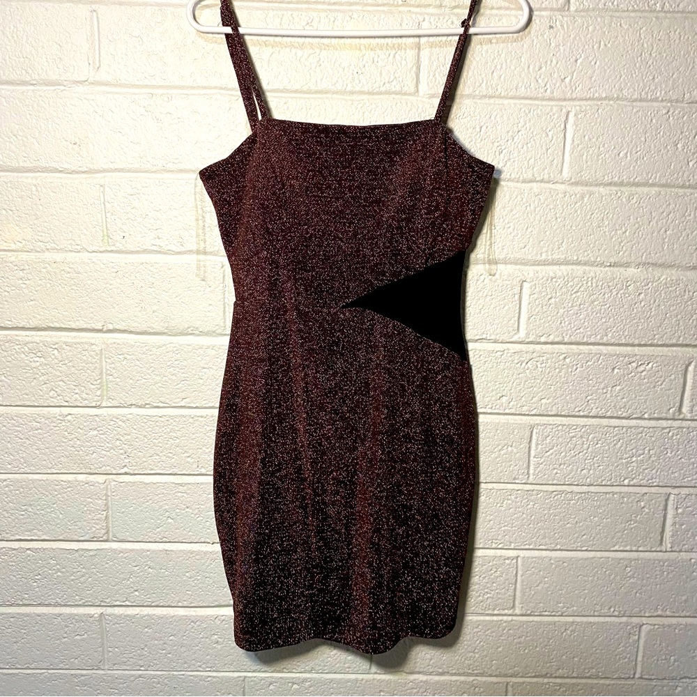NEW Brown Sparkle Sheer Cutout Side Spaghetti Strap Dress Mini Clubbing Tank